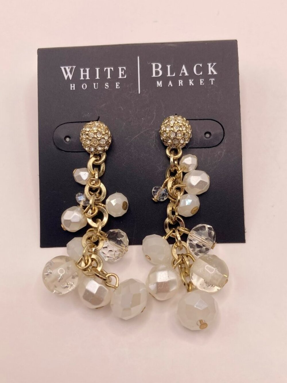 White House Black Market Gold White Beaded Cluster Dangle Earrings -57B